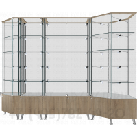 Витрины со стеклянными полками на тумбе накопителе вместе